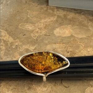 Vintage 1970s genuine amber and Sterling silver ring, abstract design size 8 1/2